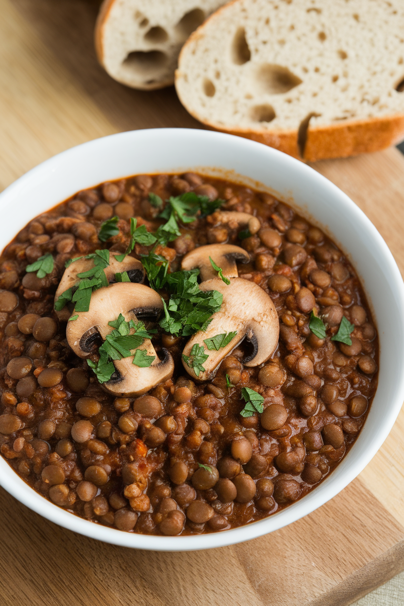 Indoor photo of earthy brown lentil chili with sliced mushrooms visible, garnished with chopped parsley; no text or logos.