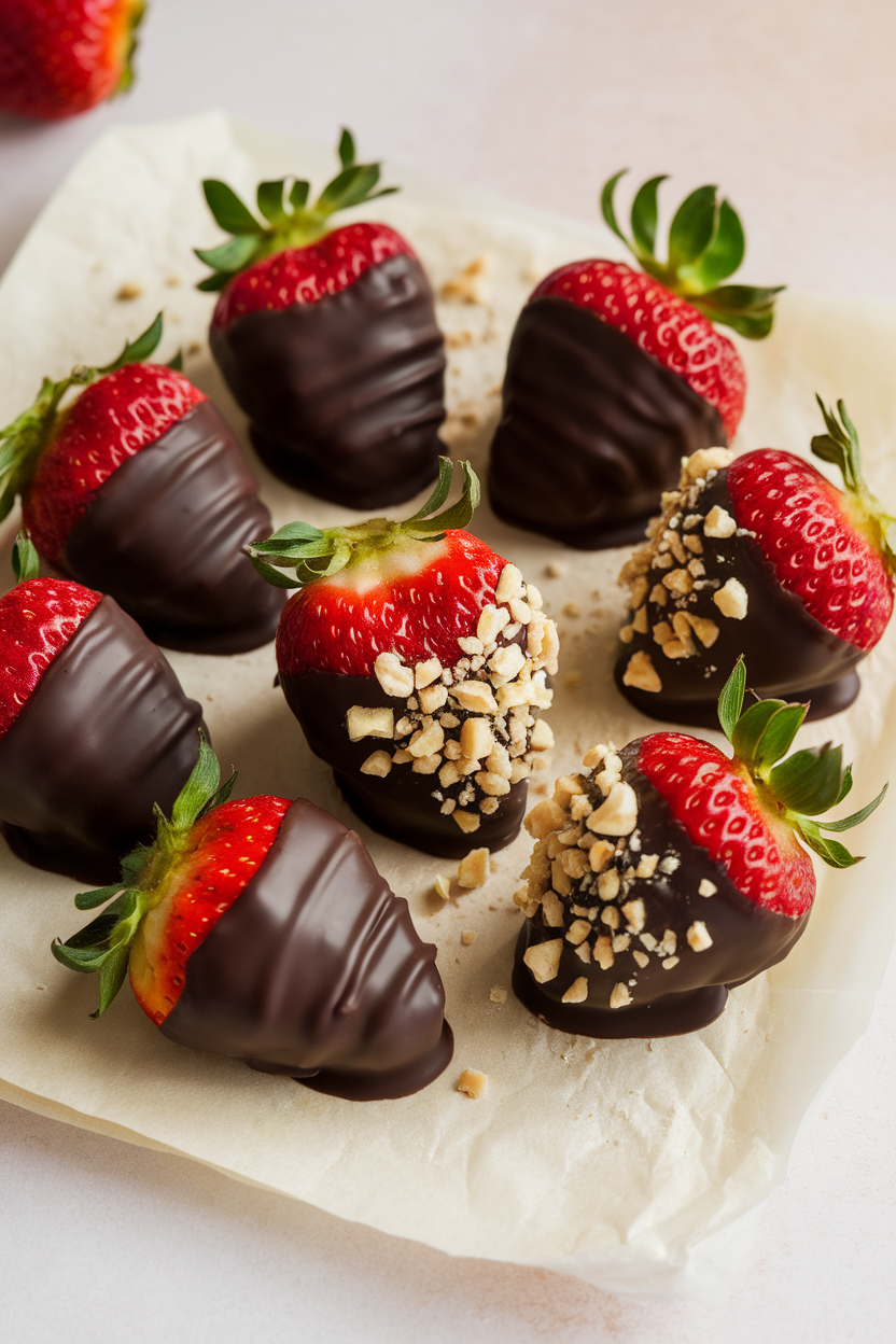 Indoor photo of fresh strawberries half-coated in glossy dark chocolate on parchment, some with crushed nuts, no text or logos.