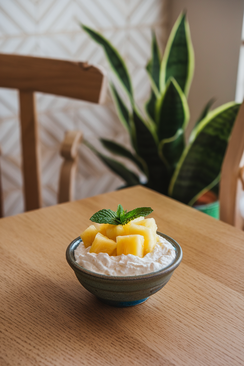 An indoor breakfast nook showing a small ceramic bowl filled with creamy cottage cheese and neatly cubed pineapple, mint leaf garnish. No text or logos; photo only.