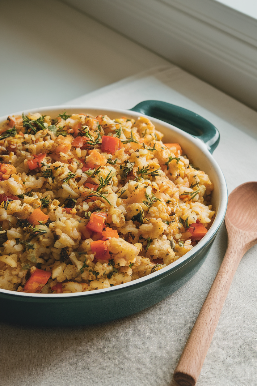Photo of a dish of herb-flecked cauliflower rice stuffing with diced veggies, set indoors beside a wooden spoon. No text or logos.
