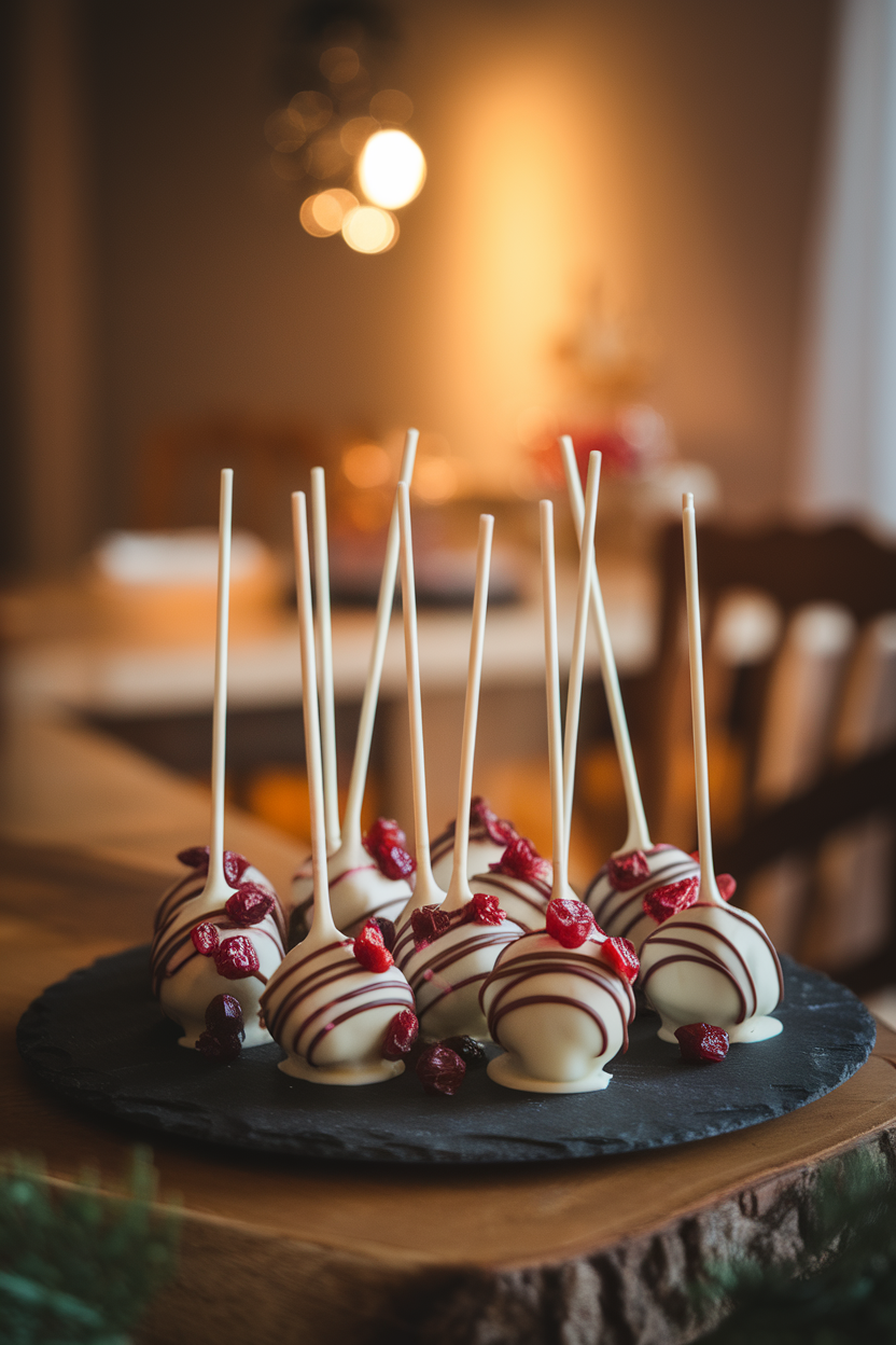 Photo, not illustration. Indoor winter brunch. White chocolate cake pops studded with dried cranberries and drizzled with more white chocolate, set on a slate platter. No text or logos.