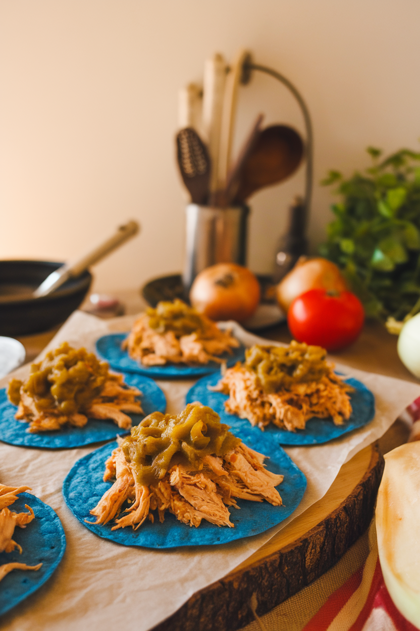 Warm indoor shot of blue corn tortillas with shredded chicken and Hatch chiles, topped with green chile sauce, no text or logos.