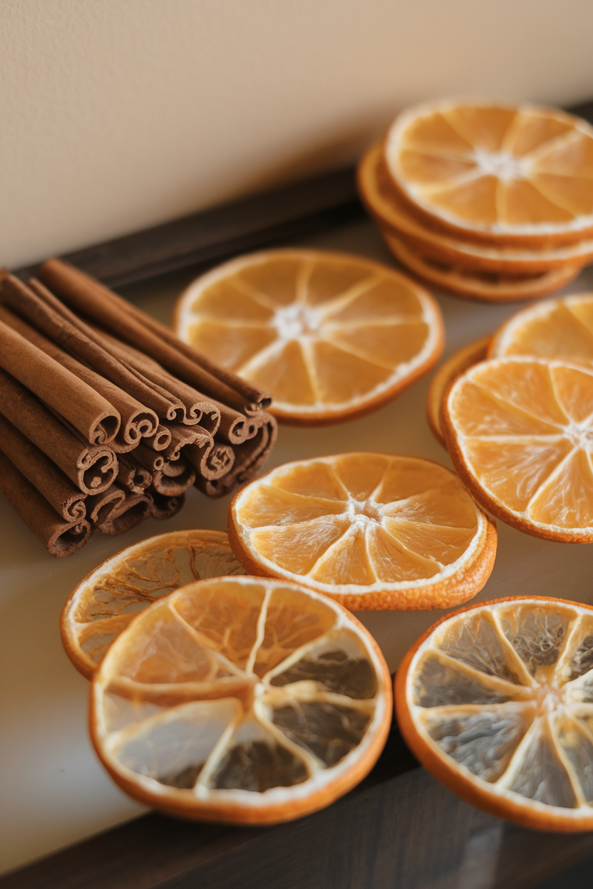 Indoor tabletop featuring translucent dried orange wheels and neatly stacked cinnamon sticks, no text or logos