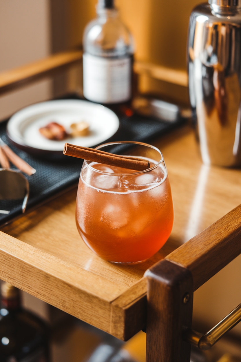 Photo of a stemless glass of amber kombucha mocktail with a cinnamon stick, indoor bar cart. No text or logos.