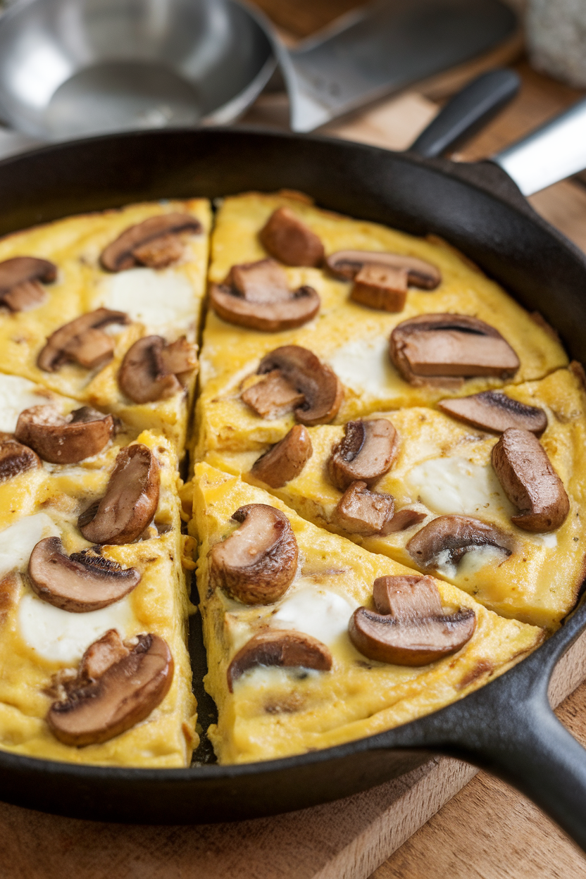 An indoor skillet containing a golden frittata sliced into wedges, dotted with sautéed mushrooms and creamy goat cheese. No text or logos. Photo only.