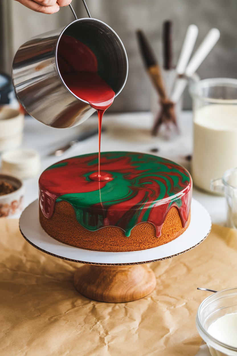 Indoor pastry studio scene with marbled red and green mirror glaze poured over a chilled cake, no text or logos