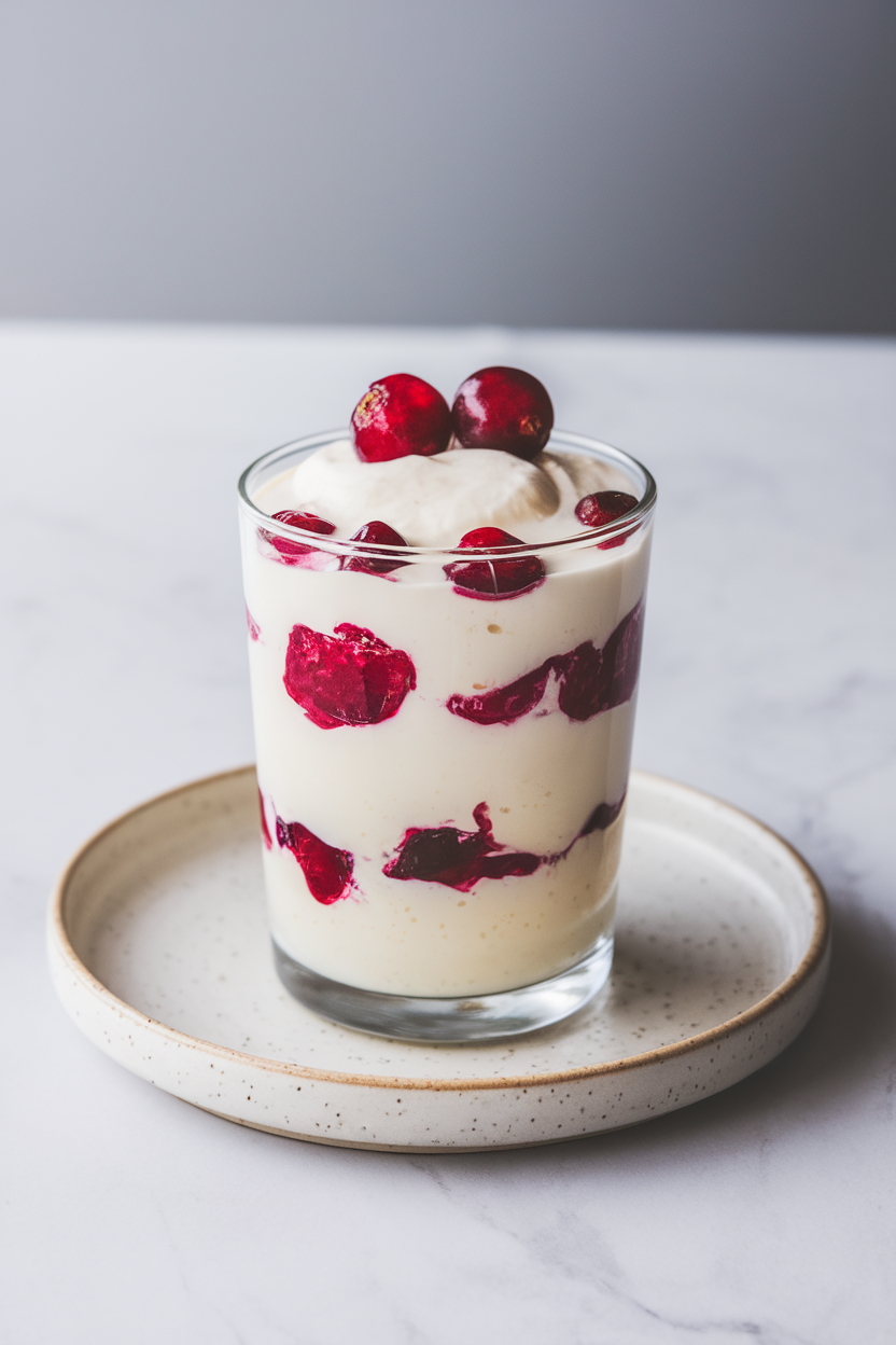 An indoor parfait glass layered with thick vanilla skyr and jewel-like poached cranberries—no text or logos; photo, not illustration
