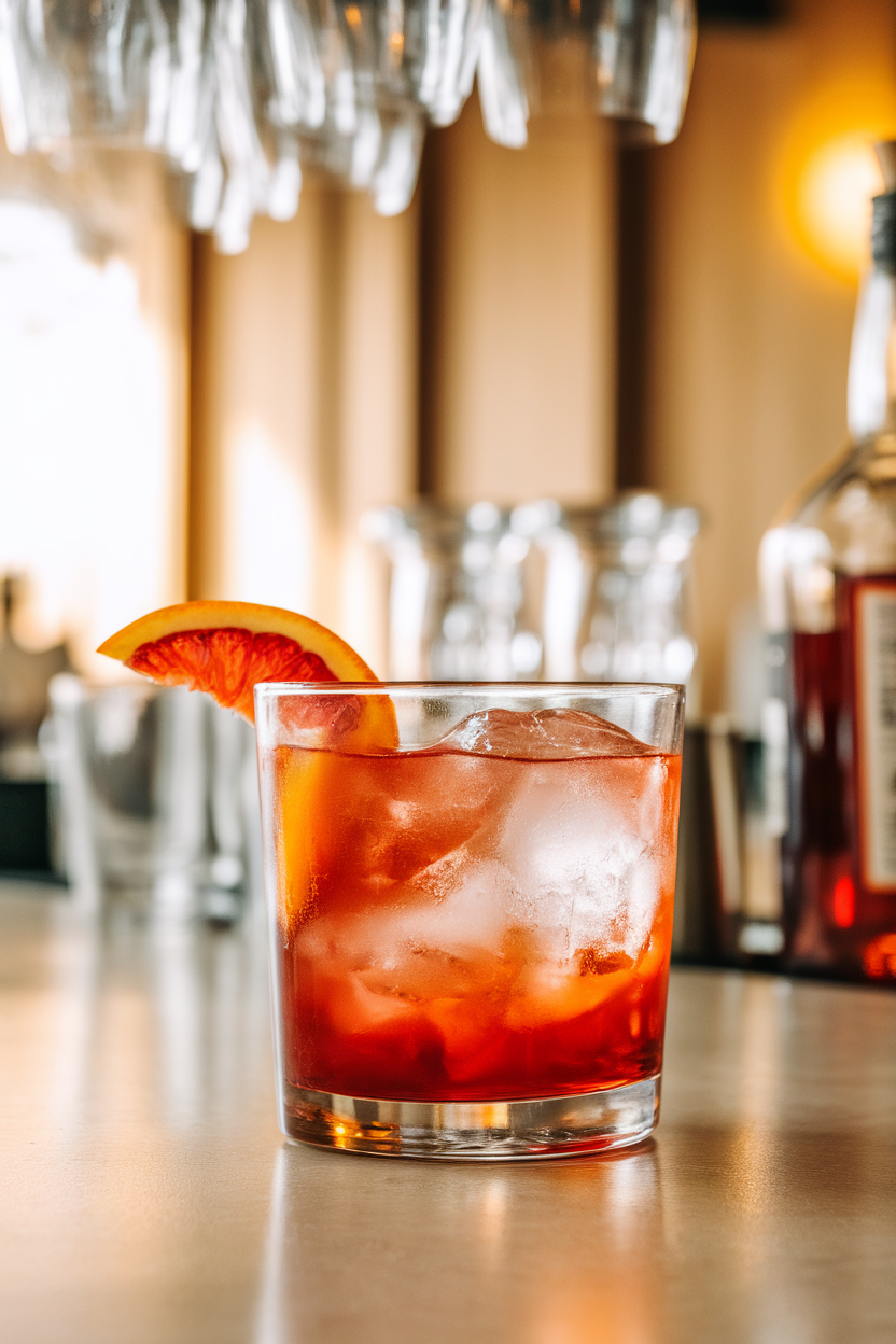 Indoor bar with a rocks glass of blood orange negroni, large clear ice cube, blood orange half moon garnish. Photo, no text or logos.