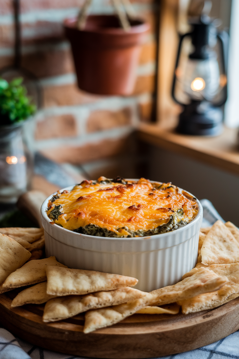 Photo of an indoor ramekin filled with bubbling spinach-artichoke dip, golden cheese on top, surrounded by pita chips; cozy kitchen lighting, no text or logos