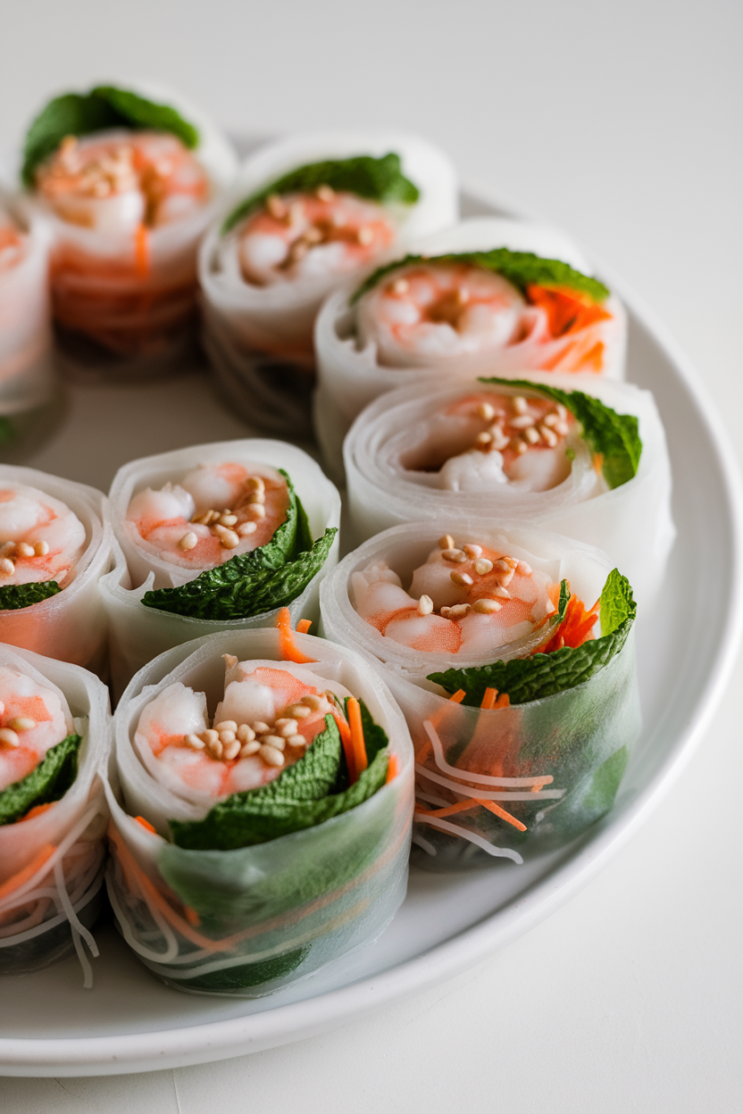 Indoor close-up photo of translucent rice-paper rolls showing cooked shrimp, shredded carrots, rice noodles, and fresh mint; gentle side light, no text or logos.