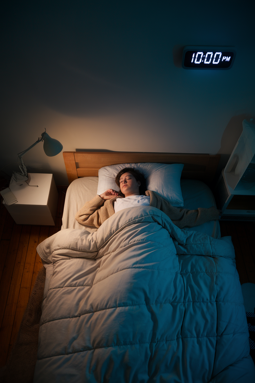 A dimly lit bedroom with a person sleeping under a cozy duvet, a bedside clock showing 10:00 PM. No text or logos. Photo, not illustration.