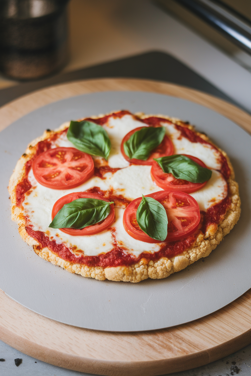 An indoor pizza stone displaying a round cauliflower-crust pizza topped with melted mozzarella, tomato slices, and basil leaves; no text or logos, photo not illustration.