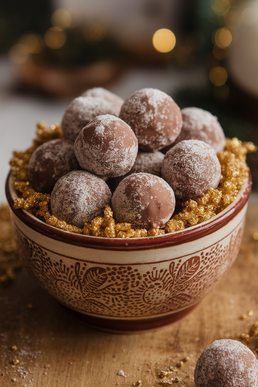 An indoor ceramic bowl brimming with round chocolate-coated gingerbread truffles, gold sugar sparkle, no text or logos.