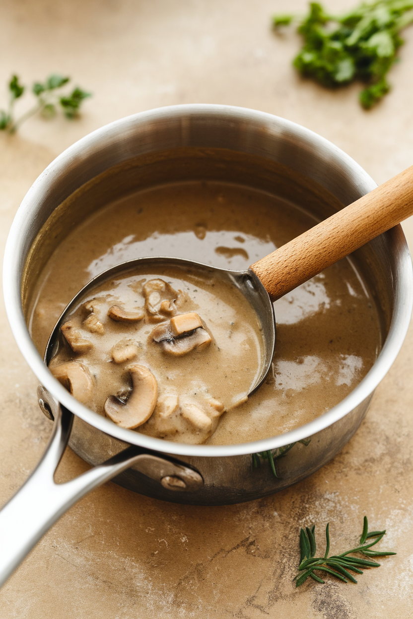 Photo of vegan mushroom gravy in a small saucepan, ladle resting, no text or logos.
