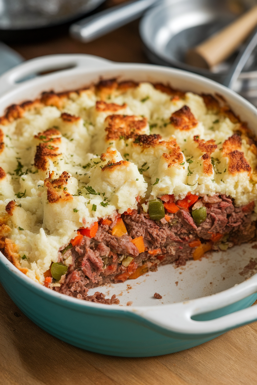 Indoor casserole dish showing a slice removed to reveal beef and veggie filling under smooth cauliflower mash. No text or logos in scene.