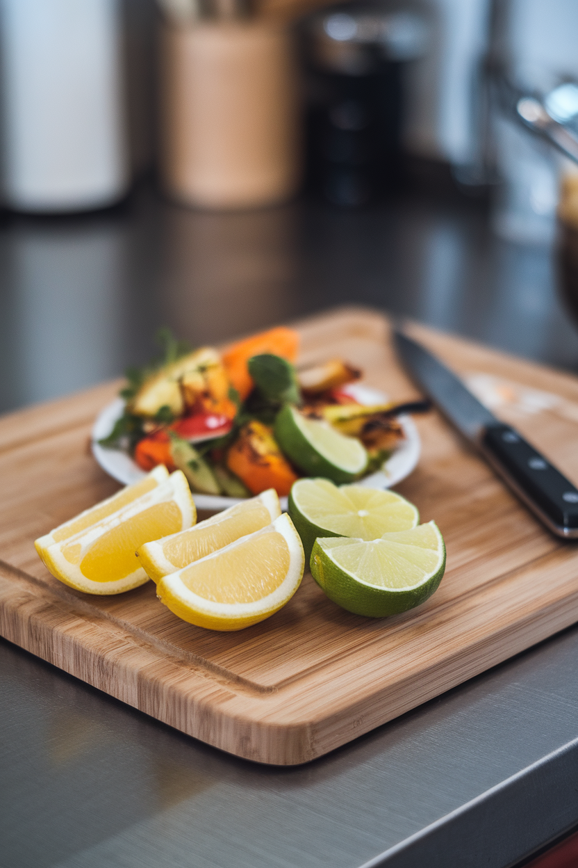 An indoor cutting board with lemon and lime wedges beside a small dish of grilled veggies—photo, no text or logos.