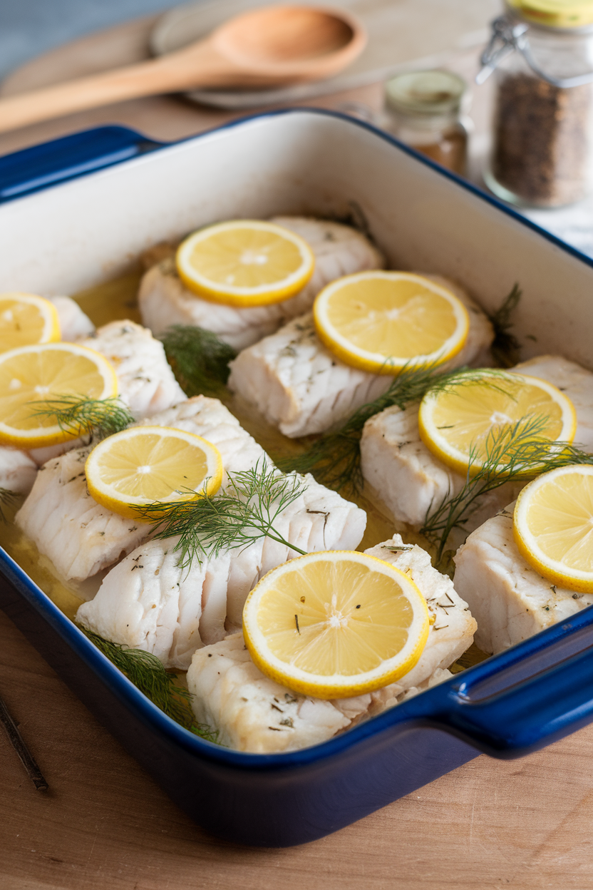 A ceramic baking dish indoors with flaky baked cod fillets topped with lemon slices and fresh dill sprigs, no raw fish visible. No text or logos. Photo only.