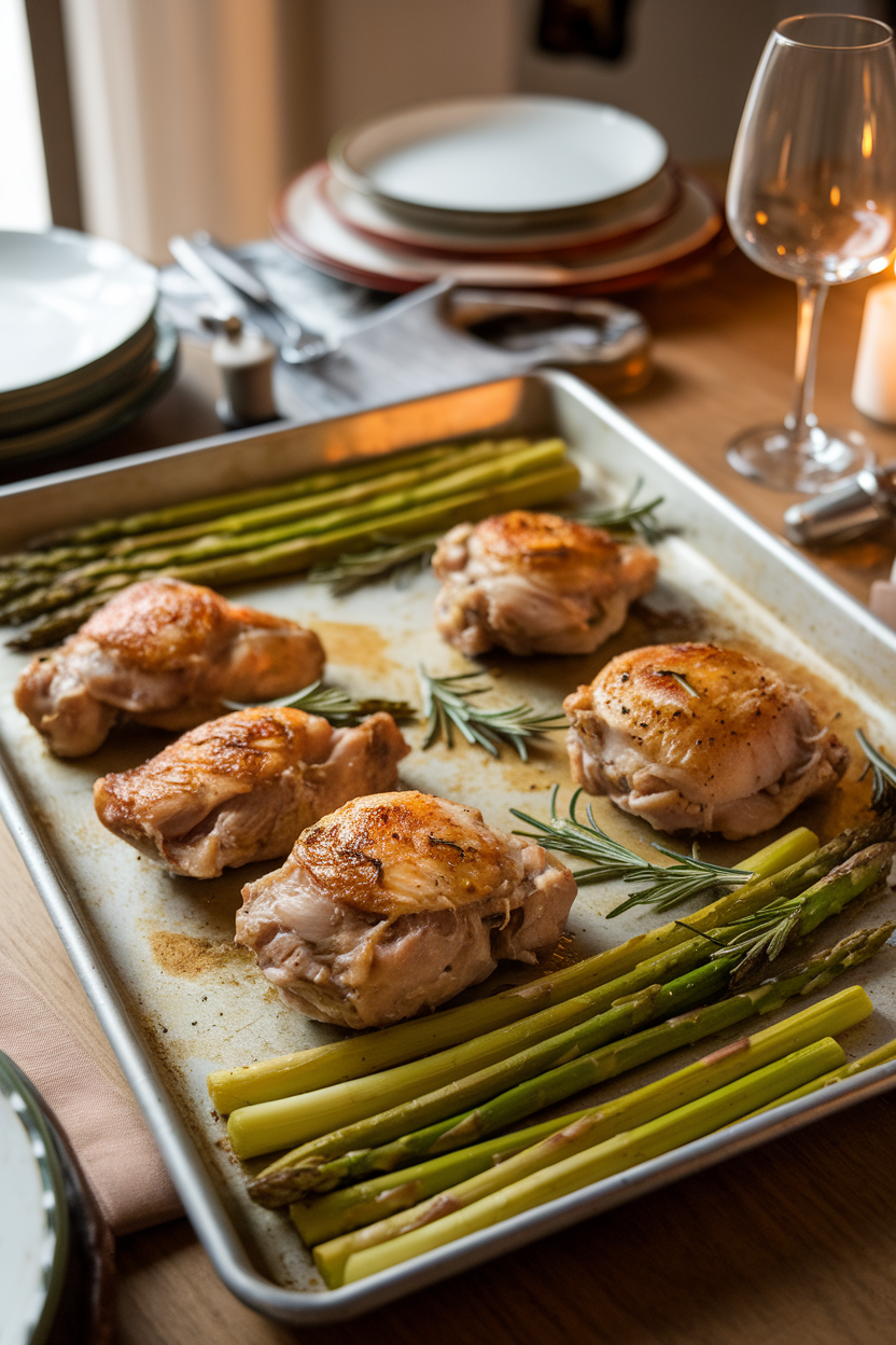 An indoor dining table with a sheet pan holding roasted chicken thighs and bright green asparagus spears, scattered rosemary sprigs visible. No text or logos in sight. Photo only.