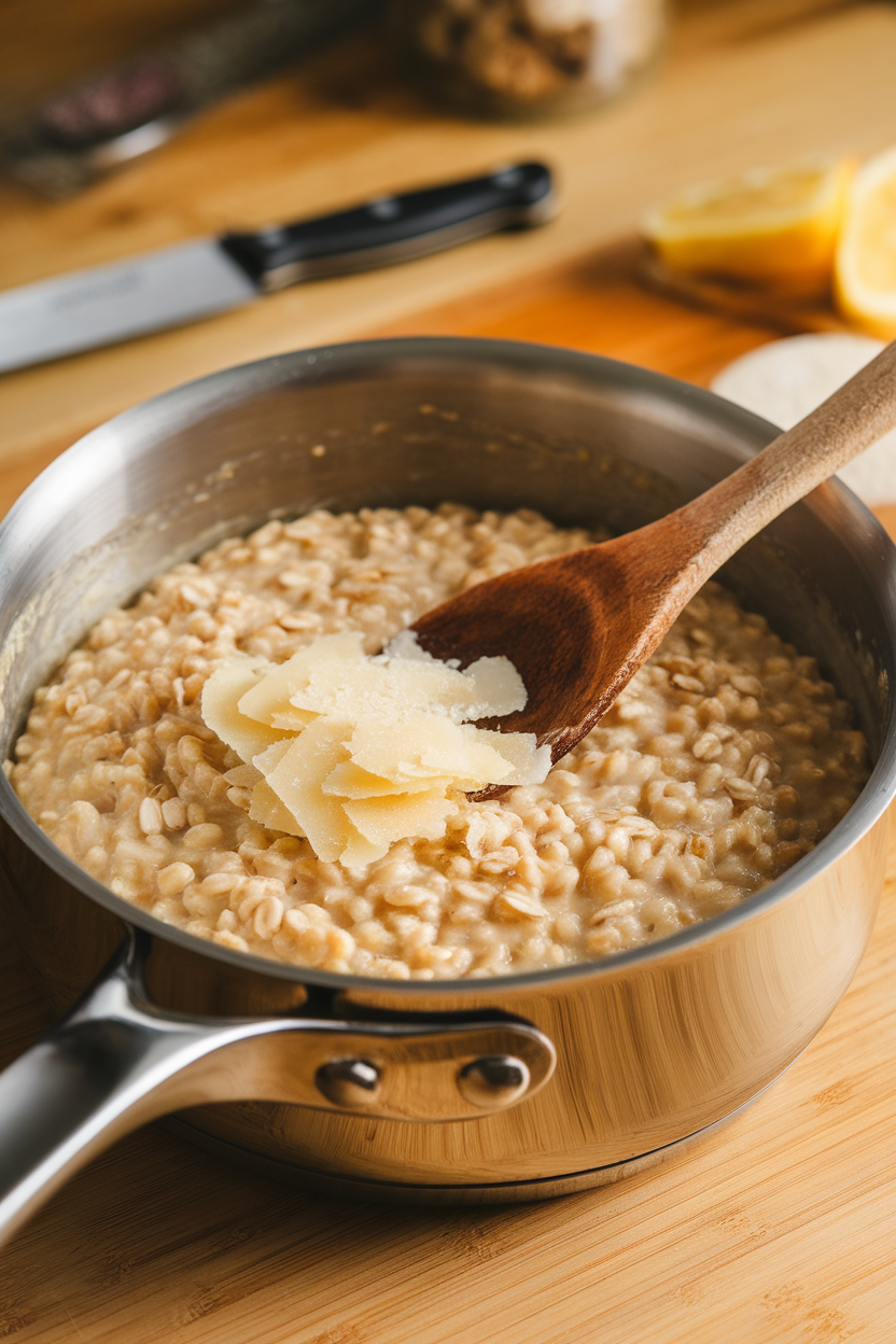 An indoor saucepan stirring steel-cut oats into a creamy risotto topped with shaved Parmesan. No text or logos.