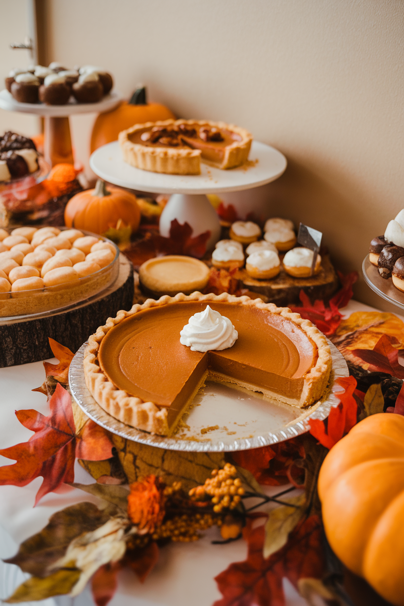 An indoor dessert table with a whole pumpkin pie, one slice removed, dollop of whipped cream on top. No text or logos. Photo.