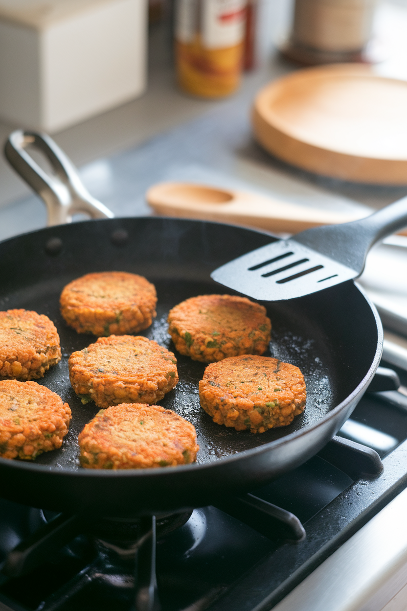 An indoor skillet with small chickpea veggie patties sizzling, spatula ready to flip. No text or logos.