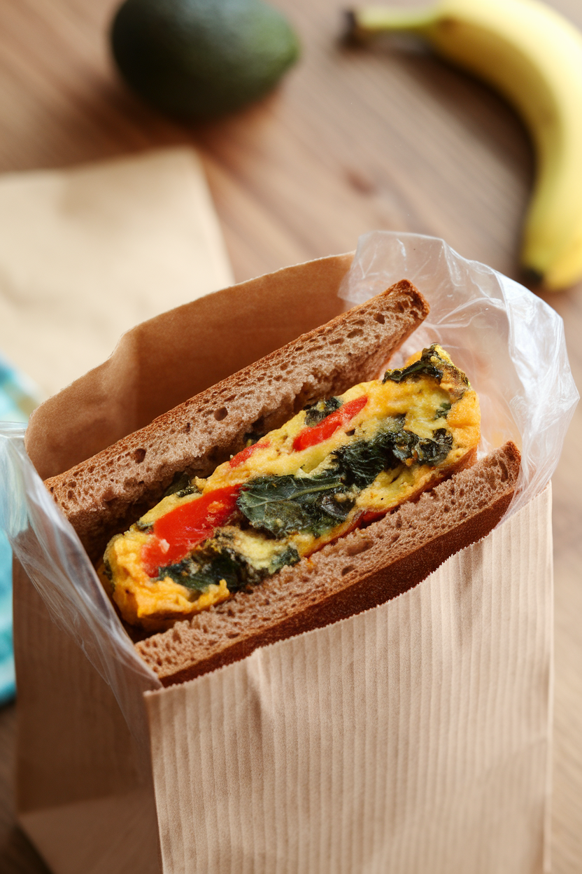 An indoor lunchbox containing a wedge of red pepper kale frittata sandwiched between two slices of whole-grain bread. Photo, no text or logos.
