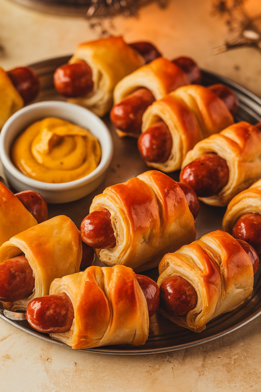 Indoor photo of mini sausages wrapped in golden puff pastry, arranged on a tray with mustard dip; no text or logos