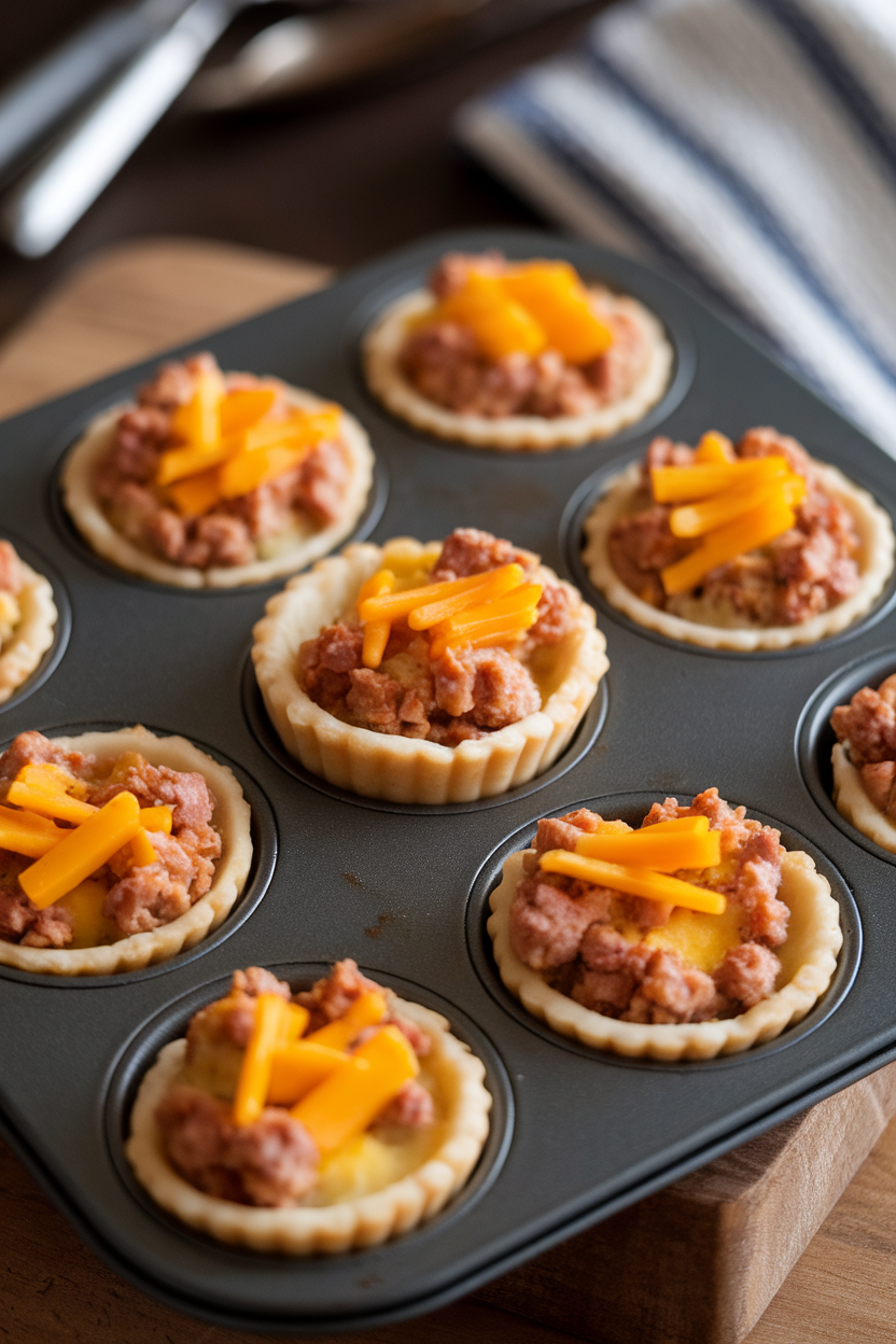 Mini muffin tin indoors filled with individual quiches featuring turkey sausage crumbles and cheddar cheese, no brand names or text.