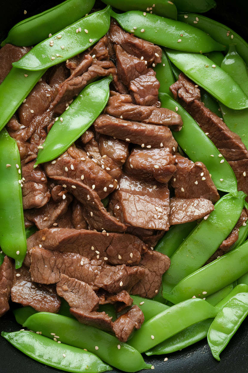 Indoor wok showing glossy beef pieces and bright green snow peas sprinkled with sesame seeds—no text or logos.