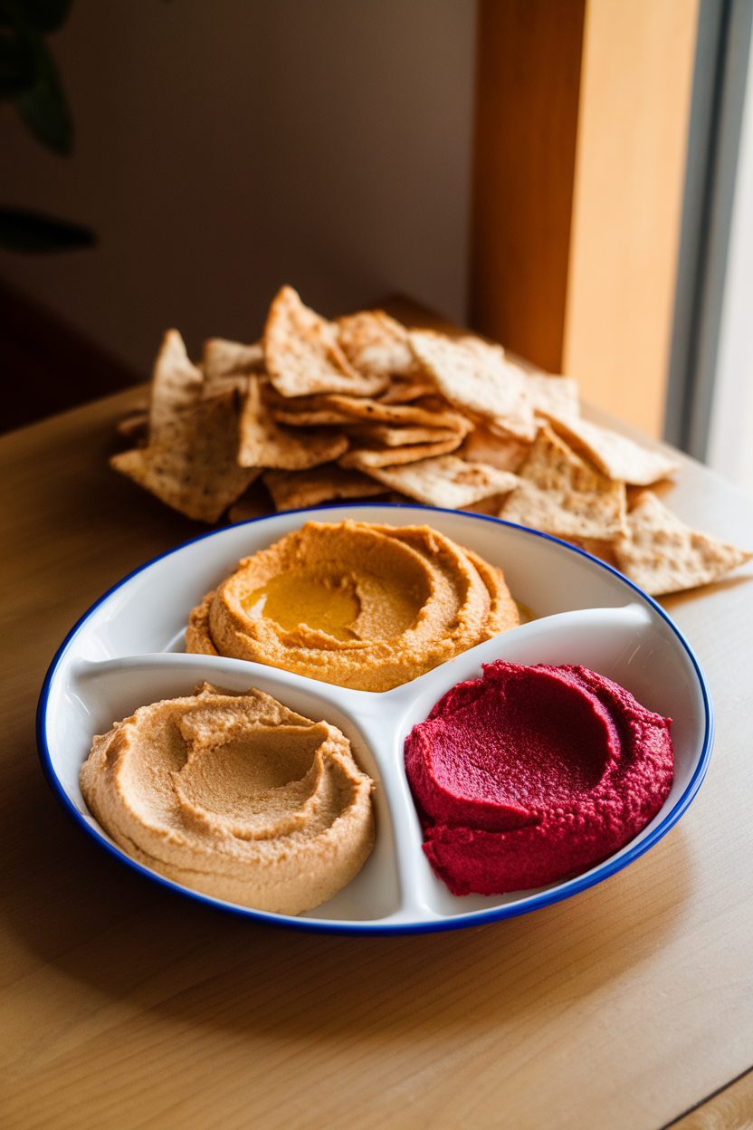 Photo of an indoor three-compartment tray holding classic, roasted red pepper, and beet hummus with a pile of pita chips beside it; warm casual lighting, no text or logos