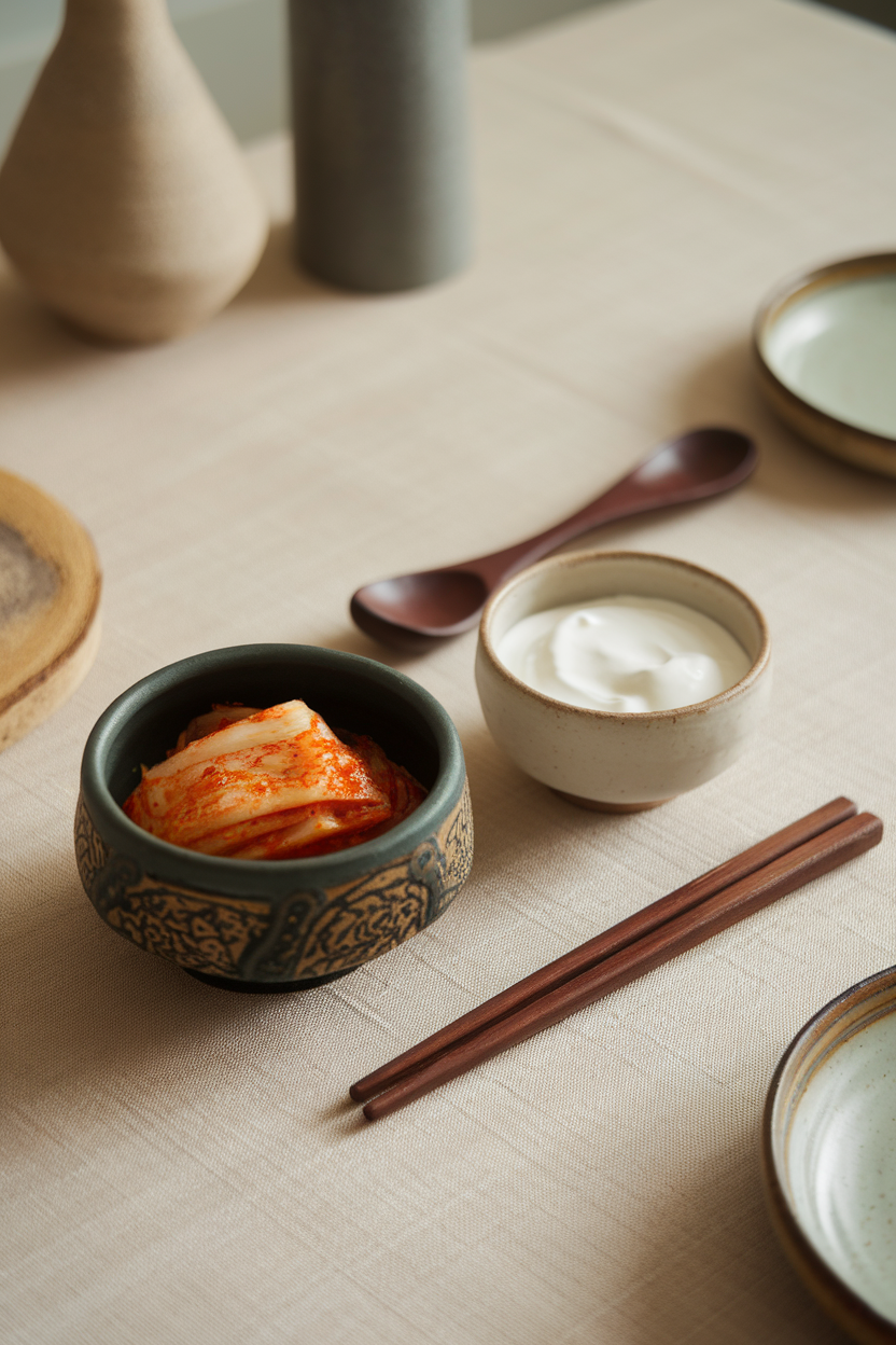 Indoor photo of a small bowl of kimchi and another of plain yogurt on a dining table; no text or logos.