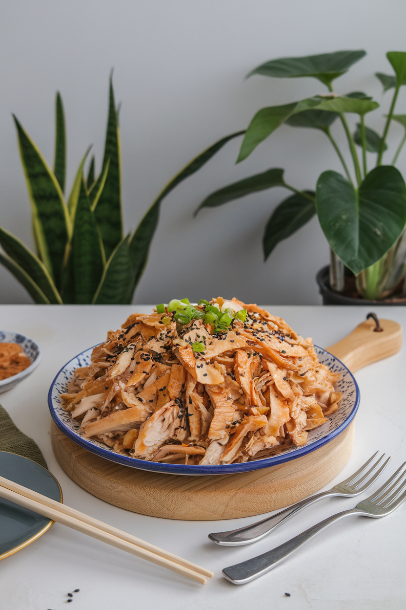 Indoor platter of shredded almond-butter chicken garnished with sesame seeds and green onion. No logos or text.
