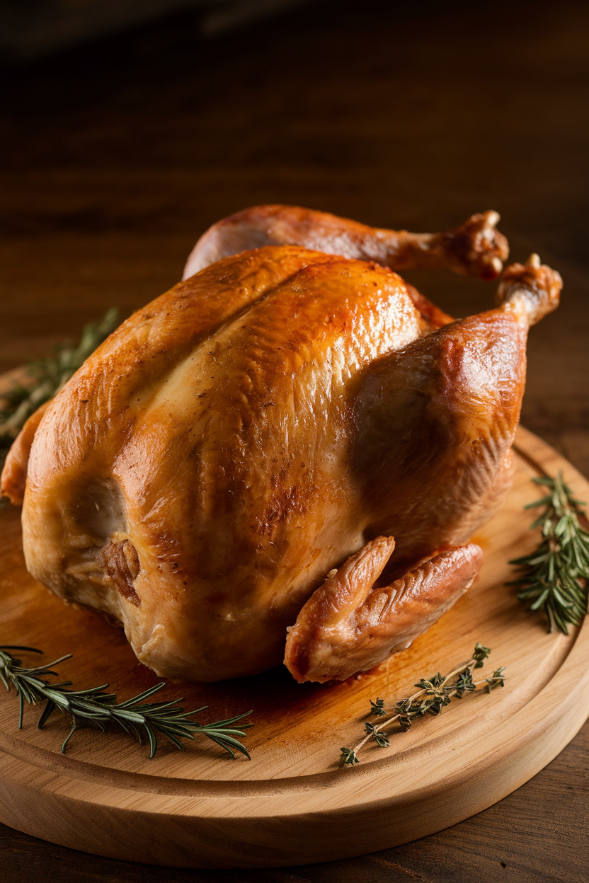 Indoor photo of a whole golden-brown roast turkey resting on a wooden carving board, sprigs of rosemary and thyme scattered around, soft warm lighting, no text or logos.