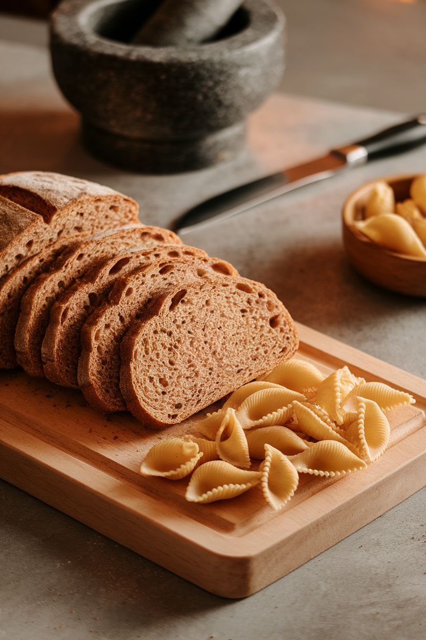 Indoor photo of a wooden cutting board with sliced whole-grain bread and a small pile of whole-wheat pasta shells, warm kitchen lighting, no text or logos
