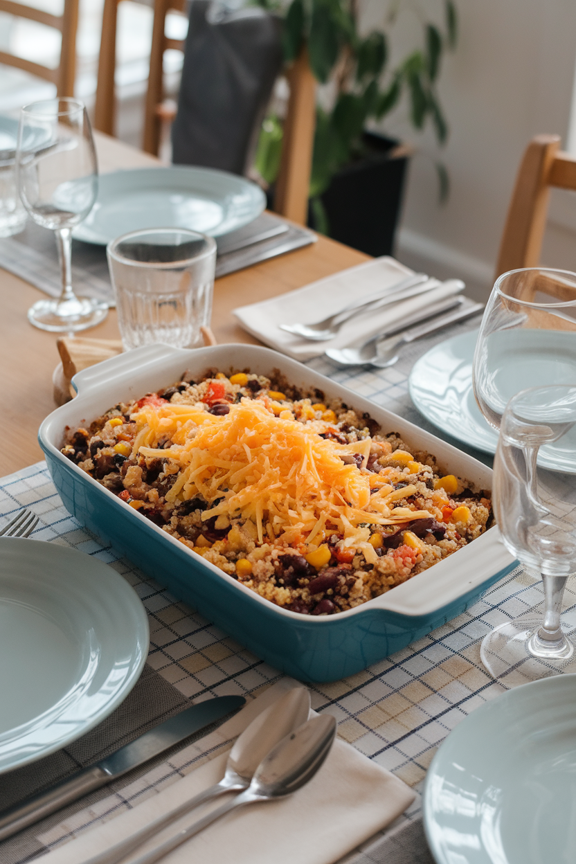 Indoor dining table set with a casserole dish of baked quinoa, black beans, corn, and diced tomatoes topped lightly with shredded cheese. No logos or text. Photo only.
