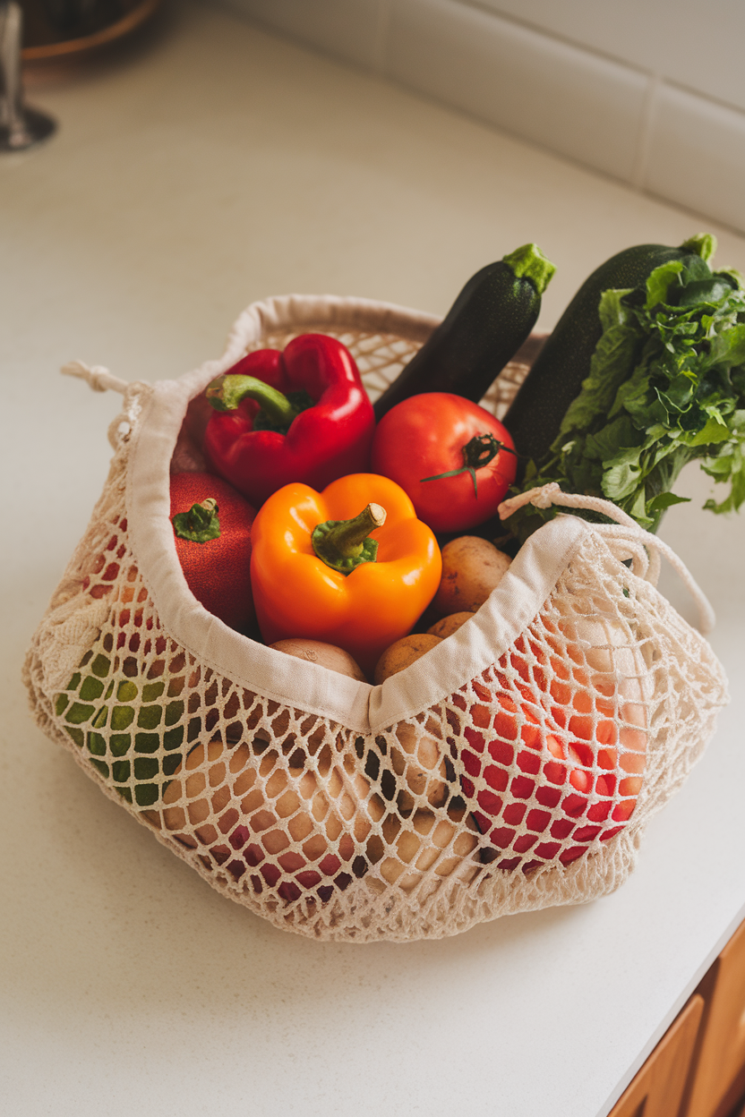 A reusable produce bag filled with vibrant seasonal vegetables on an indoor countertop; no text or logos; photo