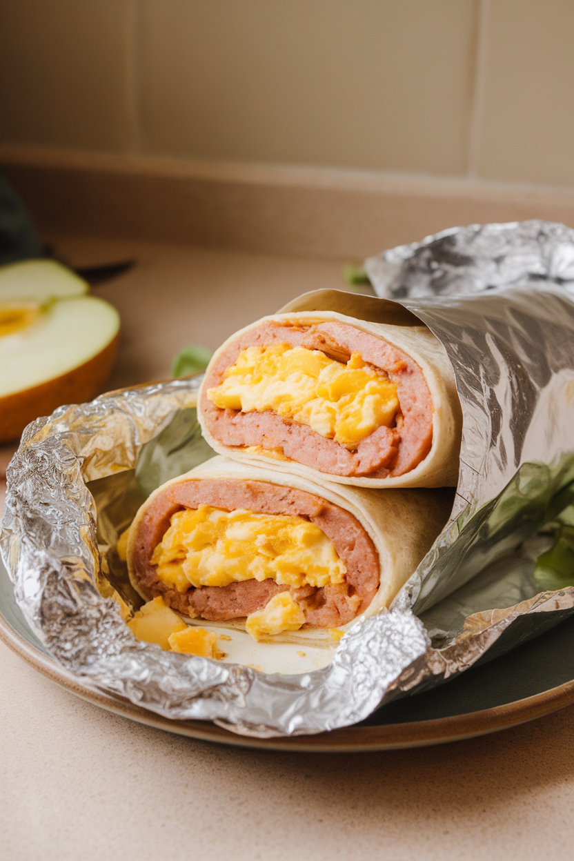 Indoor countertop with a foil-wrapped breakfast burrito cut open to reveal apple chicken sausage, scrambled eggs, and cheddar, no logos or text in shot.