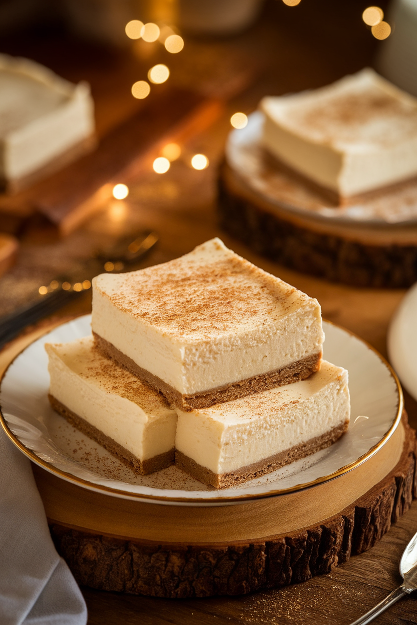 Indoor dessert plate with creamy eggnog cheesecake bars topped with a dusting of nutmeg; gentle warm lighting, no text or logos. Photo, not illustration.
