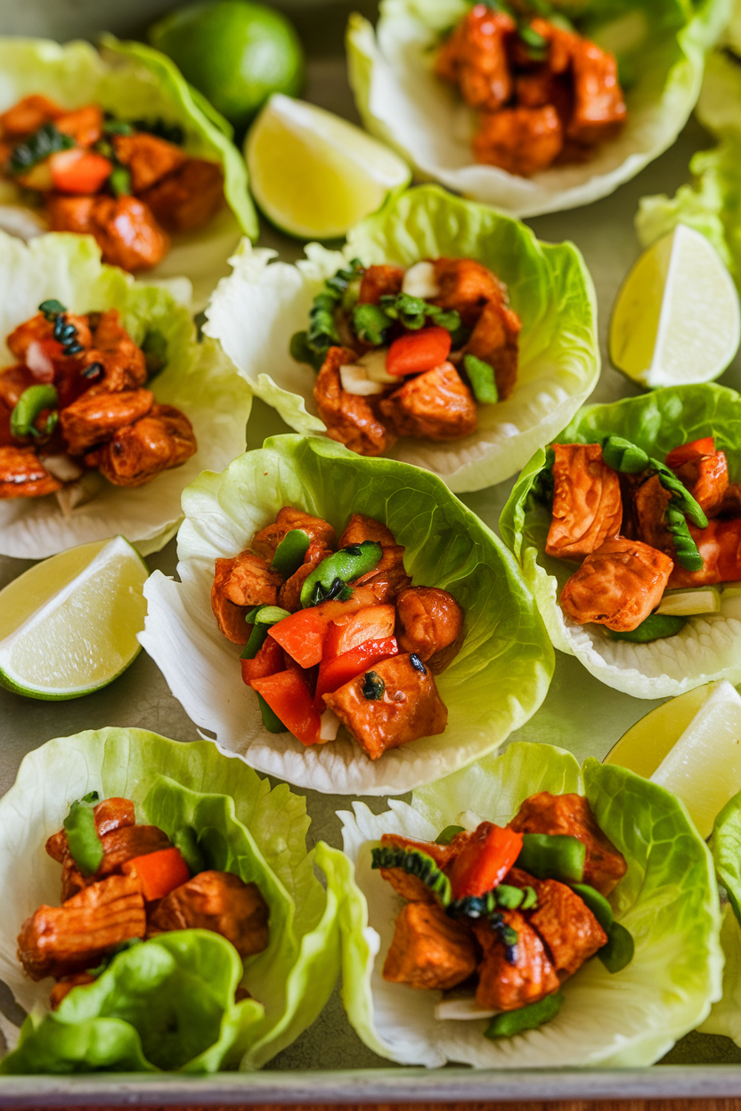 Photo of an indoor tray with butter lettuce leaves each holding diced sweet-chili chicken and crunchy vegetables, lime wedges nearby; bright but warm lighting, no text or logos