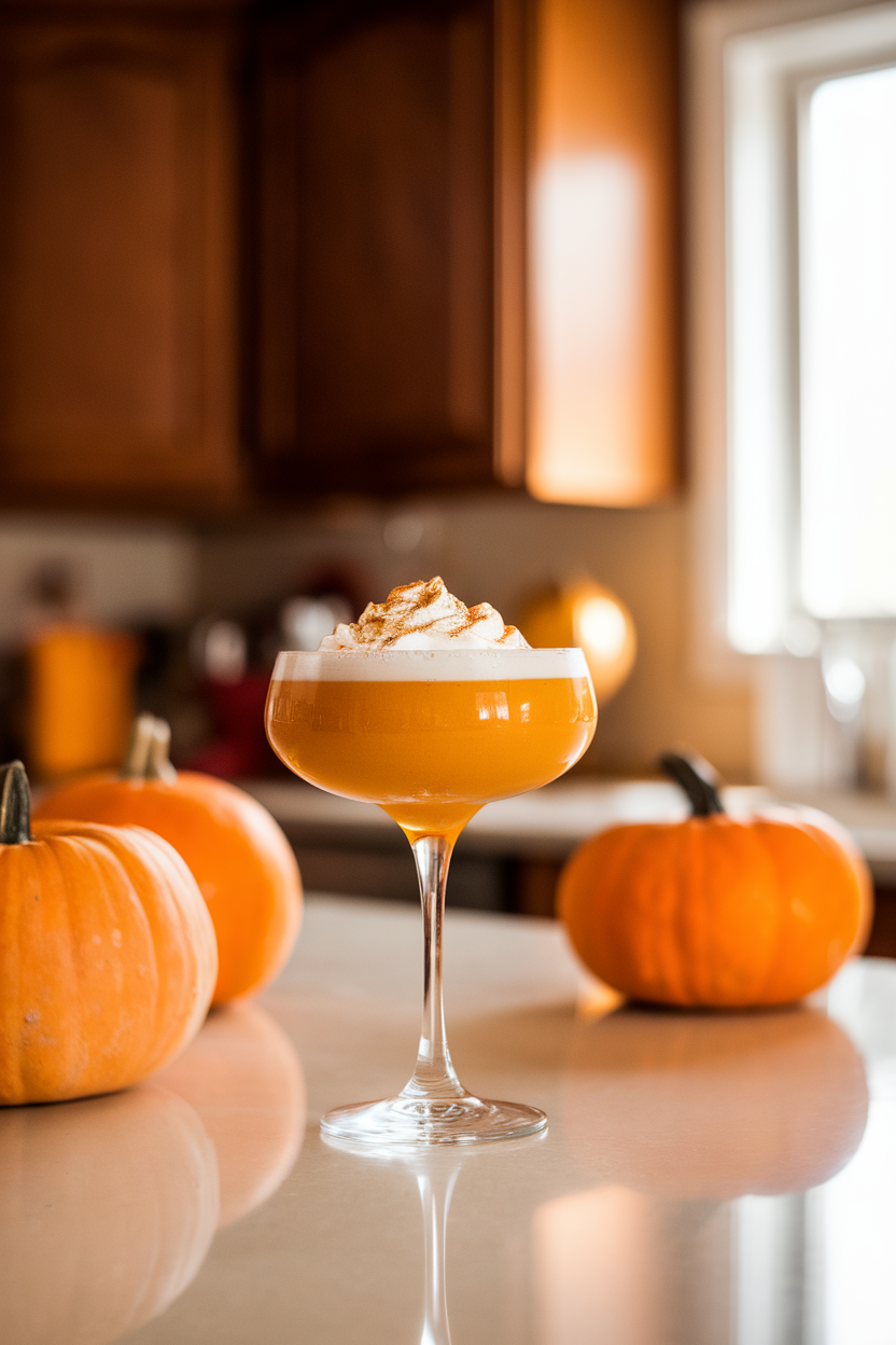 Indoor kitchen island showcasing a martini glass of pumpkin-orange cocktail topped with whipped cream and a sprinkle of pumpkin spice. No text or logos; photograph, not illustration.