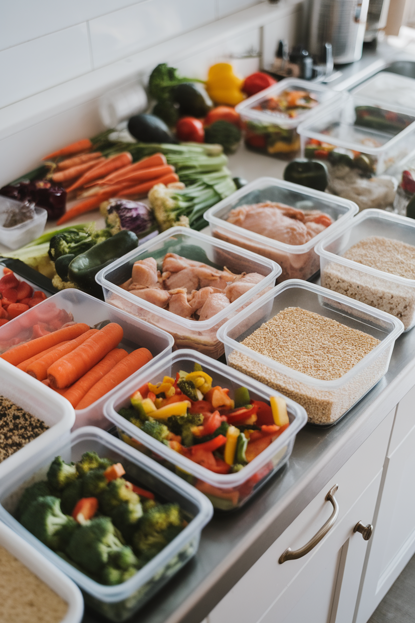 Photo prompt: An indoor kitchen counter covered with portioned containers of veggies, chicken, and grains cooling before storage, no text or logos.