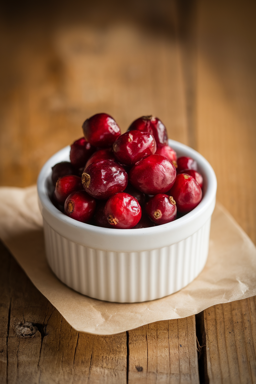 Indoor photo of deep-red dried cranberries in a white ramekin against a wooden background; no text or logos