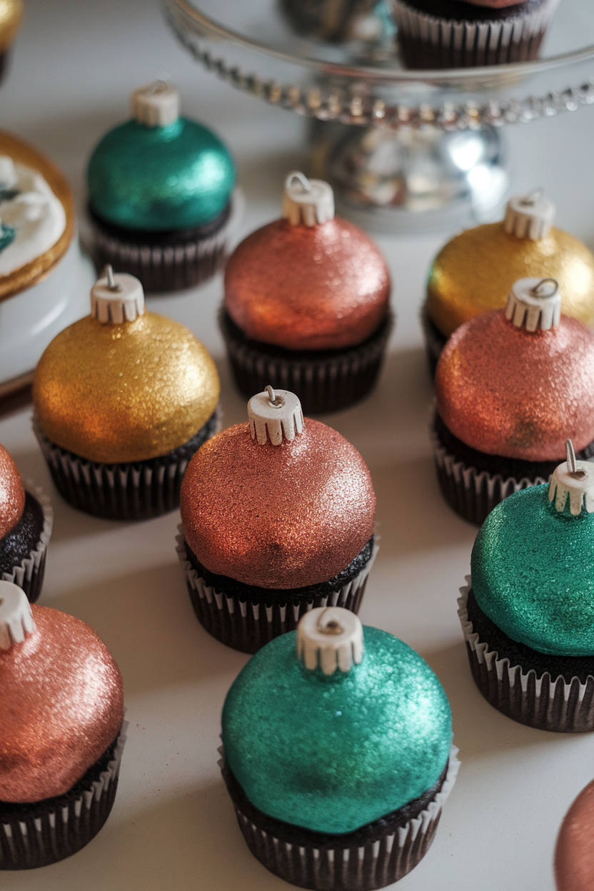 Photo of indoor tabletop showcasing cupcakes smoothed with colored fondant to resemble shiny Christmas ornaments, metallic luster dust shimmer, no text or logos.