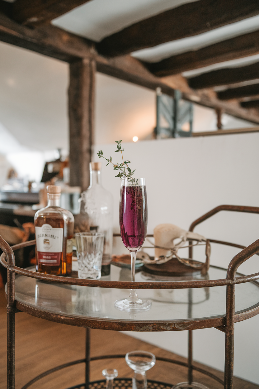 An indoor rustic bar cart displaying a flute of deep purple Champagne with a sprig of thyme tucked inside. Photo, not illustration. No text or logos.