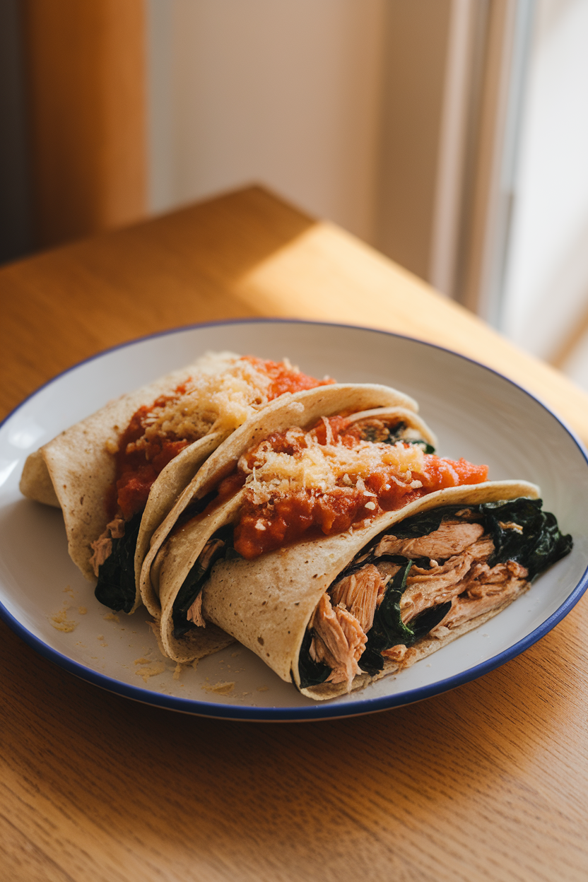 A warmly lit indoor tabletop showing three whole-grain tortillas rolled with shredded chicken and wilted spinach, topped with a light tomato sauce and a sprinkle of grated Monterey Jack. No text or logos anywhere in the photo.