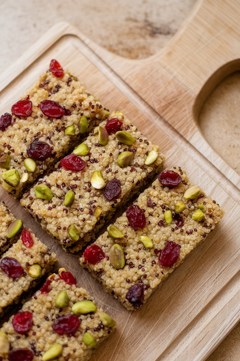 Indoor cutting-board photo of rectangular quinoa bars studded with pistachios and cranberries, no text or logos.