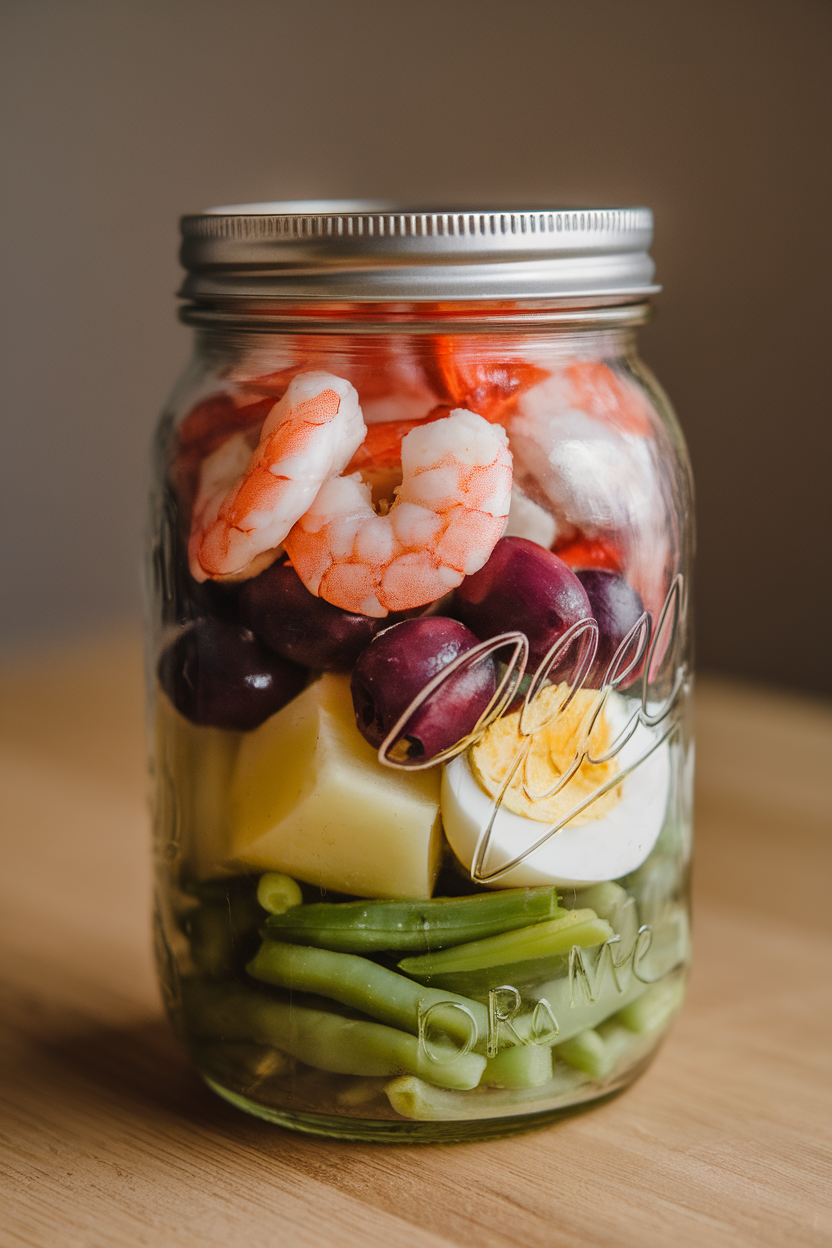 Indoor mason jar photo layered with green beans, potatoes, olives, eggs, and cooked shrimp; overhead lighting, no text or logos.
