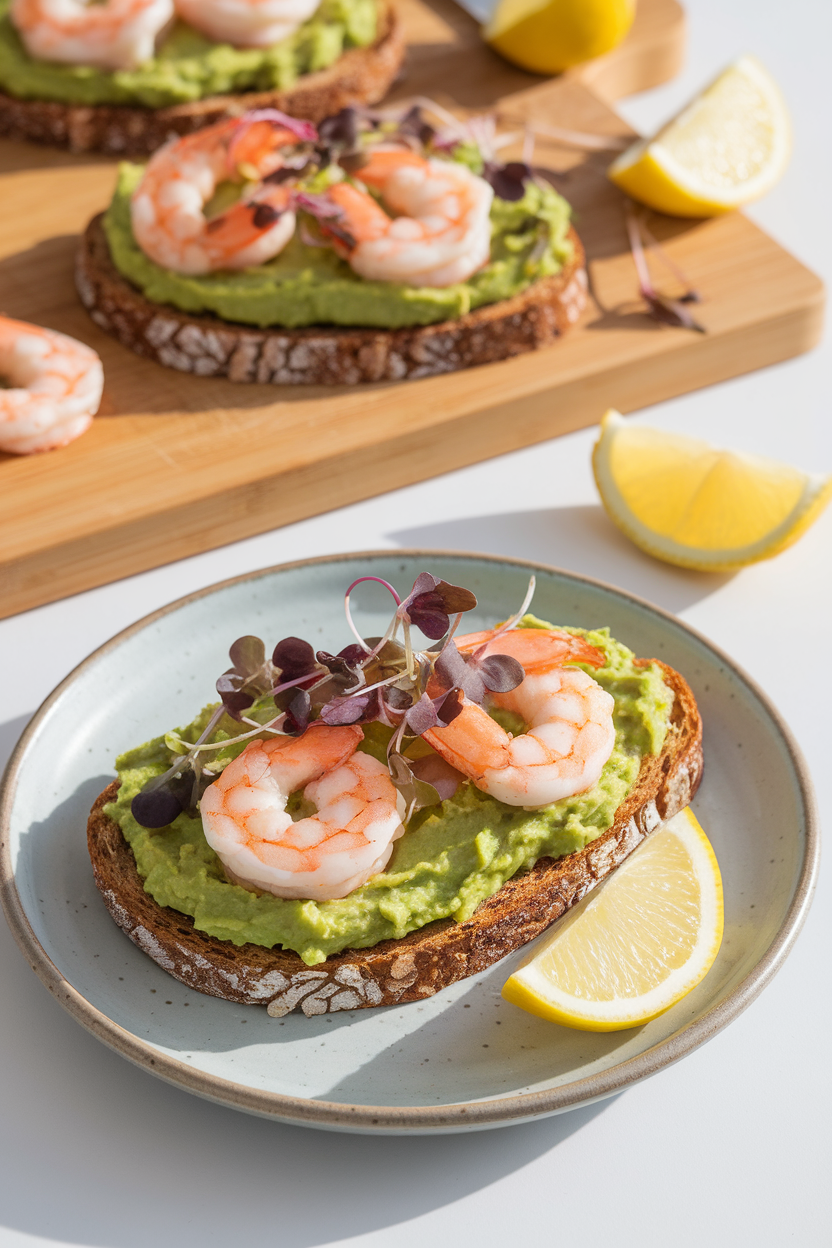 Indoor cutting-board photo of whole-grain toast topped with mashed avocado, cooked shrimp, and microgreens; bright daylight, no text or logos.
