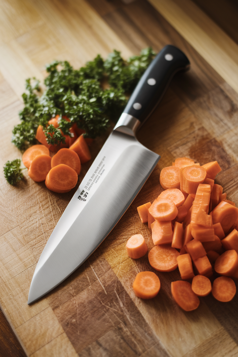 A warmly lit indoor photo of a well-sharpened 8-inch stainless-steel chef’s knife resting on a wooden cutting board next to chopped carrots and parsley. No text or logos visible.