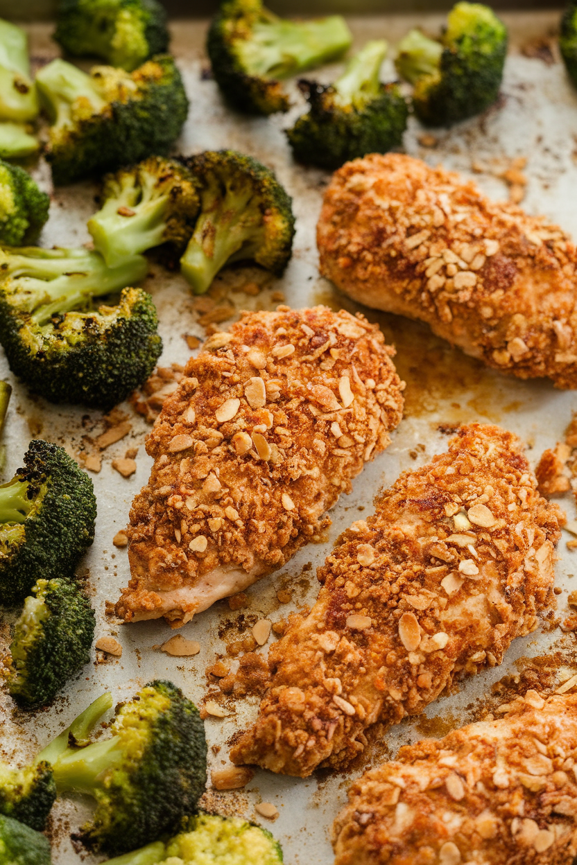 Photo of baked chicken tenders coated in almond crumbs beside roasted broccoli florets, indoor baking sheet. No text or logos.</Prompt